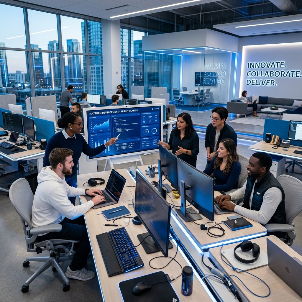 IZLA Technologies team collaborating in a modern office