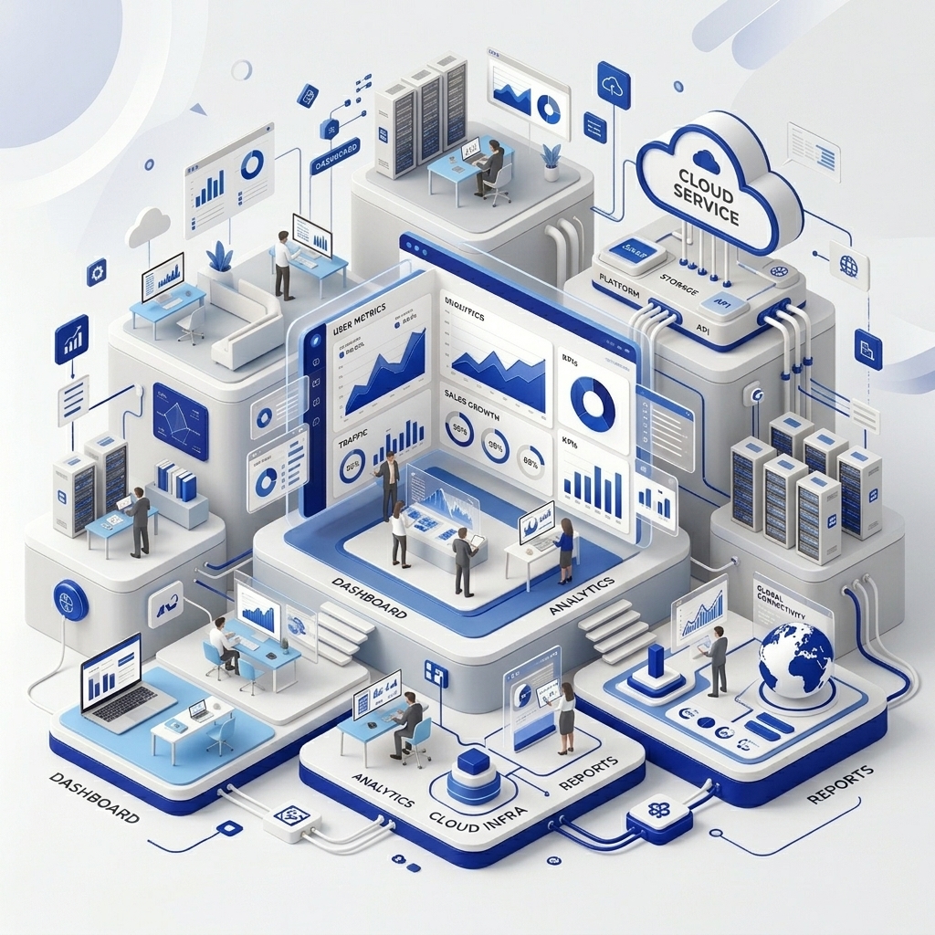 Isometric illustration of dashboards, cloud storage, security and databases